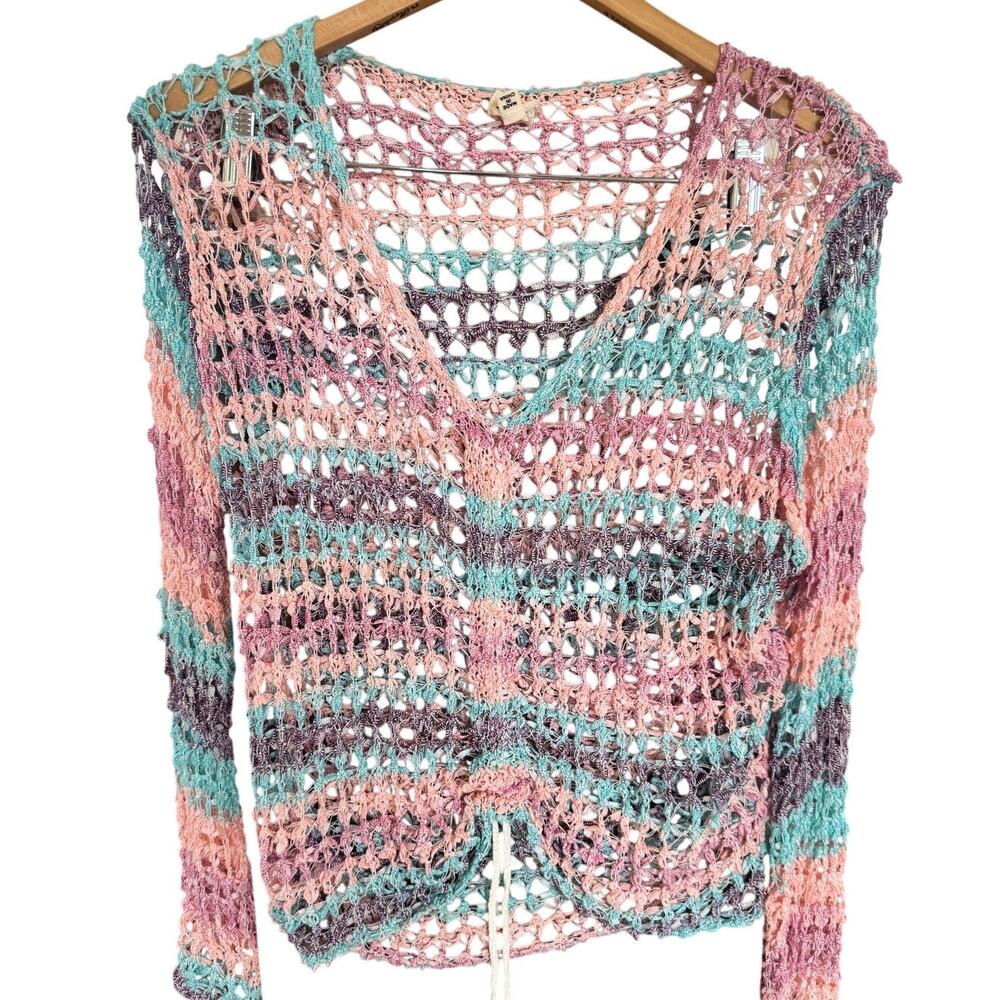 POL Crochet Knit Sweater Small Oversized Boho Beach Cover Up Cinch Tie